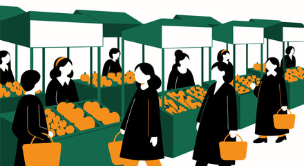 Vector art of people shopping at outdoor market stalls with fresh produce