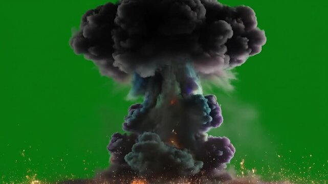 Nuclear explosion with rising smoke a mushroom cloud effect isolated on green screen for compositing and special effects