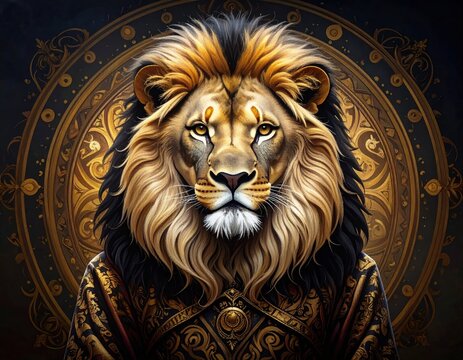 Regal lion portrait majestic mane, golden eyes, ornate patterned garment before elaborate gold circle against a dark backdrop