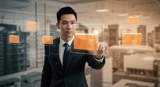 Asian businessman interacting with digital file folders, modern technology concept for data management and business solutions, future-focused design