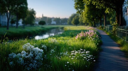 Obraz premium Scenic Pathway with Lush Green Grass and White Flowers at Daytime