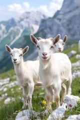 Fototapeta premium Three white goats standing on a mountain pasture