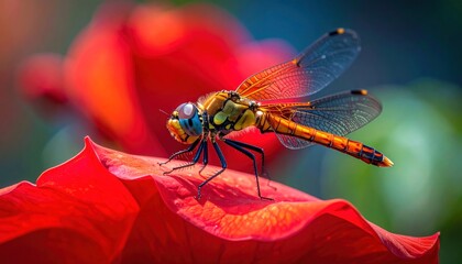 A dragonfly, with iridescent wings, resting on a vibrant red flower, contrasting against a blurred, colorful background in natural light