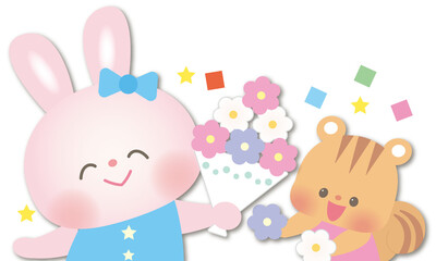 お誕生日おめでとう_花を渡すうさぎとリス