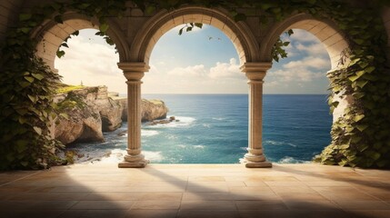 Obraz premium Medieval stone arch windows with a scenic ocean view backdrop old archway beautiful
