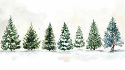 Fototapeta premium Seven snow-covered evergreen trees with red ornaments in winter