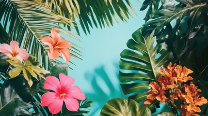 Vibrant tropical flowers and leaves in flat lay arrangement