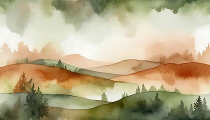 Hazy Mountain Landscape Watercolor Painting 