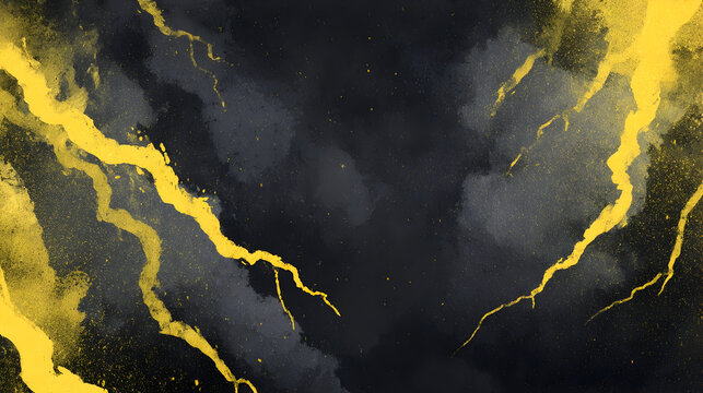 Abstract black background with golden lightning streaks and textured gray cloud formations art