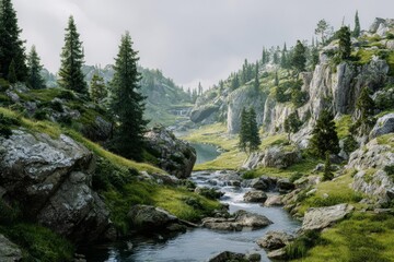 Mountain Stream Landscape, Cliffs, Greenery, Waterfall, Wilderness, Nature, Scenic, Outdoors, Valley, Trees