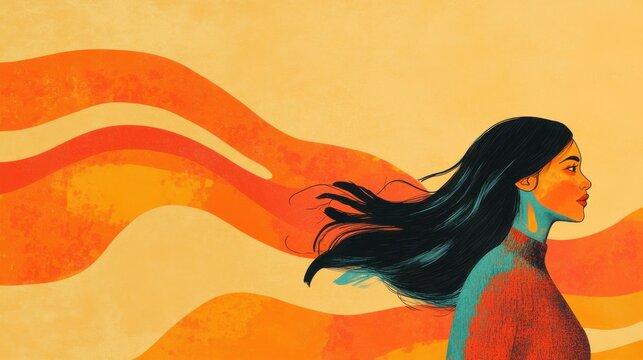 Pensive young Asian woman with orange and yellow abstract background