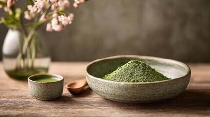 Traditional Japanese Matcha Tea Powder and Drink in Calm Muted small bowl green