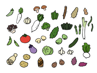 カラフル野菜の線画イラストセット