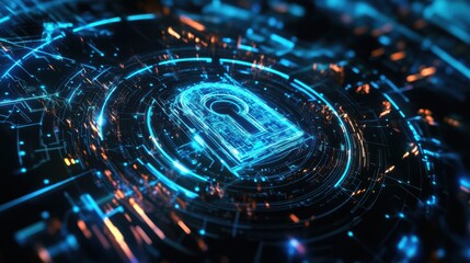 Glowing digital padlock in abstract circular pattern at night