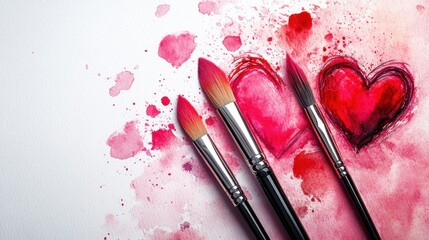 Artistic watercolor painting of hearts with paintbrushes in studio