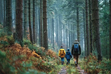 Family hikes on a trail in an evergreen forest on a cloudy day. Good for travel blog, family adventure, or nature loving content.