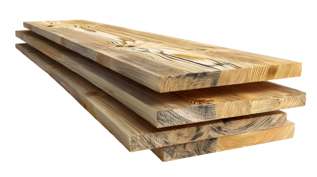 Stack of four rough cut lumber planks on a transparent background