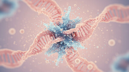 An artistic representation of a cancer cell being targeted by a novel therapy at the genetic level, a powerful conceptual image for an oncology research presentation Treatment