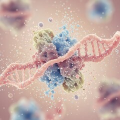 An abstract illustration of a biological cell undergoing regeneration or repair, with a detailed molecular structure, a perfect graphic for a healthcare or biotech website Health Biology