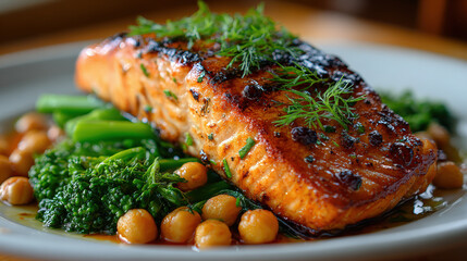 Grilled salmon fillet with fresh herbs, chickpeas, and steamed broccoli on white plate, healthy and vibrant meal