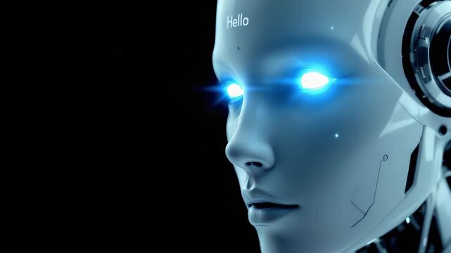 Close-up of a futuristic female robot head with glowing blue eyes against a dark background.