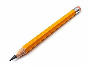 Yellow, sharpened pencil lies diagonally on a plain white background, creating a cast shadow on the lower right