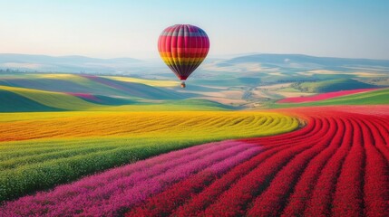 Naklejka premium Hot air balloon flying over colorful flower fields in rural landscape