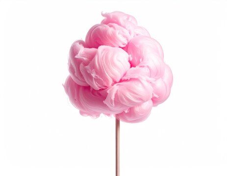 Light pink cotton candy swirl on a wooden stick against a pristine white backdrop, soft and airy confection delicacy, studio lighting highlights