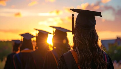 Graduating students at sunset