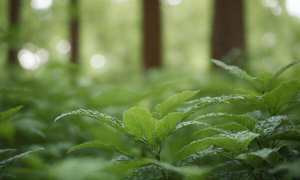 Lush green leaves with water droplets in a serene forest setting, bringing nature's tranquility to life. - Powered by Adobe