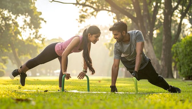 Couple exercising outdoors in park