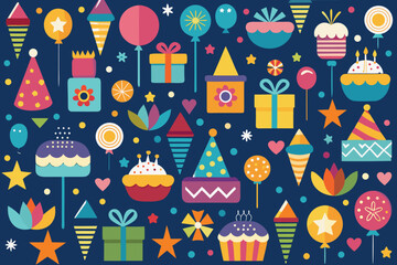 A vibrant and cheerful pattern featuring various party elements.