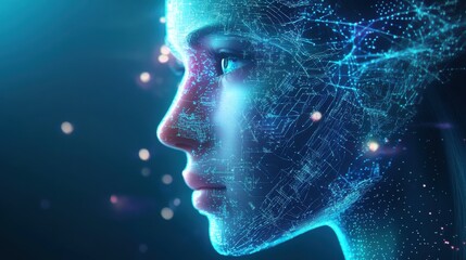 Fototapeta premium Young woman with circuit board overlay in abstract digital environment