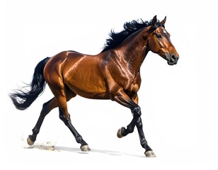 Obraz premium A powerful, muscular brown horse with a flowing black mane gallops energetically on a white background, showing strength and grace