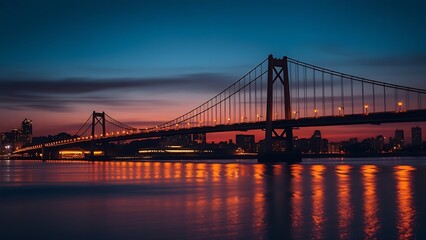 Silhouetted suspension bridge at dusk with city lights