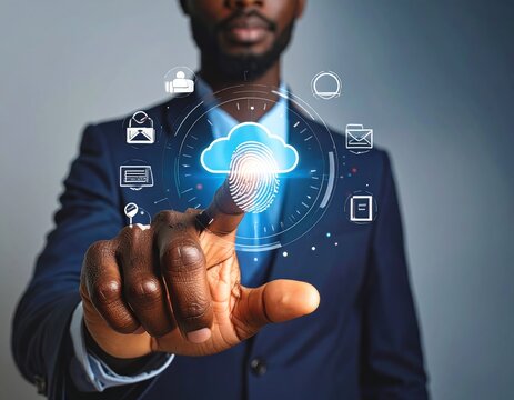 African American professional interacts with a digital cloud icon; dressed in a suit, against a muted backdrop, symbolizing connection and technology