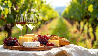 Vineyard picnic wine glasses, cheese, bread, and grapes on a wooden platter with rows of grapevines fading into the distance