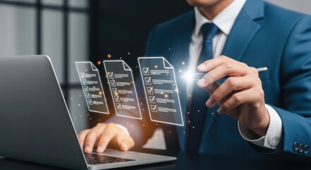 Businessman reviewing digital checklist on laptop with glowing icons and data visualization