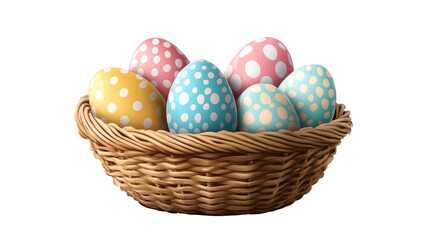 A vibrant assortment of colorful, speckled Easter eggs nestled in a rustic wicker basket, symbolizing the joy and renewal of the holiday. Isolated On Transparent and White Background