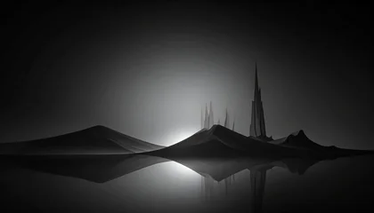 Keuken achterwand Reflectie Mysterious futuristic city silhouette reflected in calm water at dawn, evoking wonder and innovation.  © Tahir