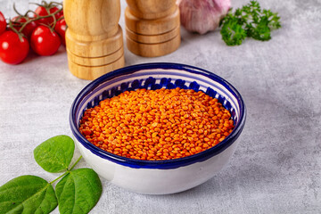 Raw dry red lentil in the bowl