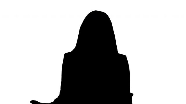 Silhouette of long haired businesswoman explaining concept and talking about her business on white background. Black and white for composite and presentation. Alpha matte isolated.