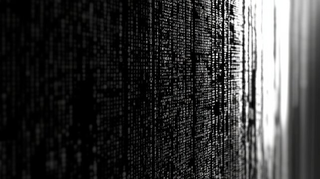 Abstract computer code scrolling on screen indoors