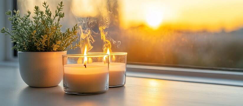 Serene Still Life: Candles, Plant, and Golden Sunset Glow by the Window