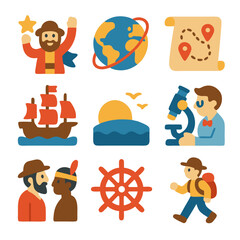 Diverse collection of symbols compass, magnifying glass, old map, globe, telescope, quill, and book. Perfect for educational materials.