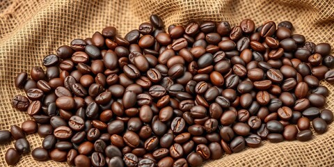 Fototapeta premium Dark roasted coffee beans scattered on burlap sack, texture, background