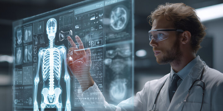 Doctor analyzing 3D holographic skeleton in medical laboratory  
