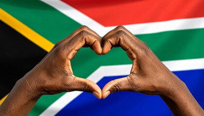 Hands forming heart shape before South African flag—gesture and vibrant colors evoke unity, pride, and love for nation in minimalist patriotic symbolism composition.