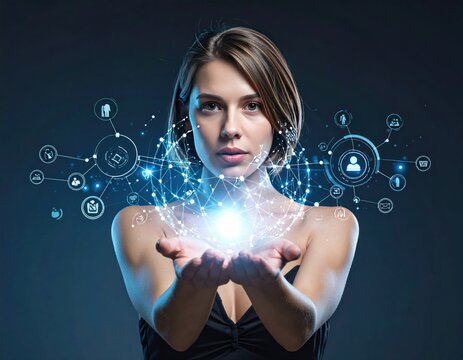 Woman holds glowing, interconnected nodes in outstretched hands. Network of social media icons emanates around her. Against a dark background
