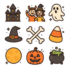 Halloweenthemed image features a ghost, witch, candy, and pumpkin symbols. Perfect for halloween party invitations, decorations, or social media posts.